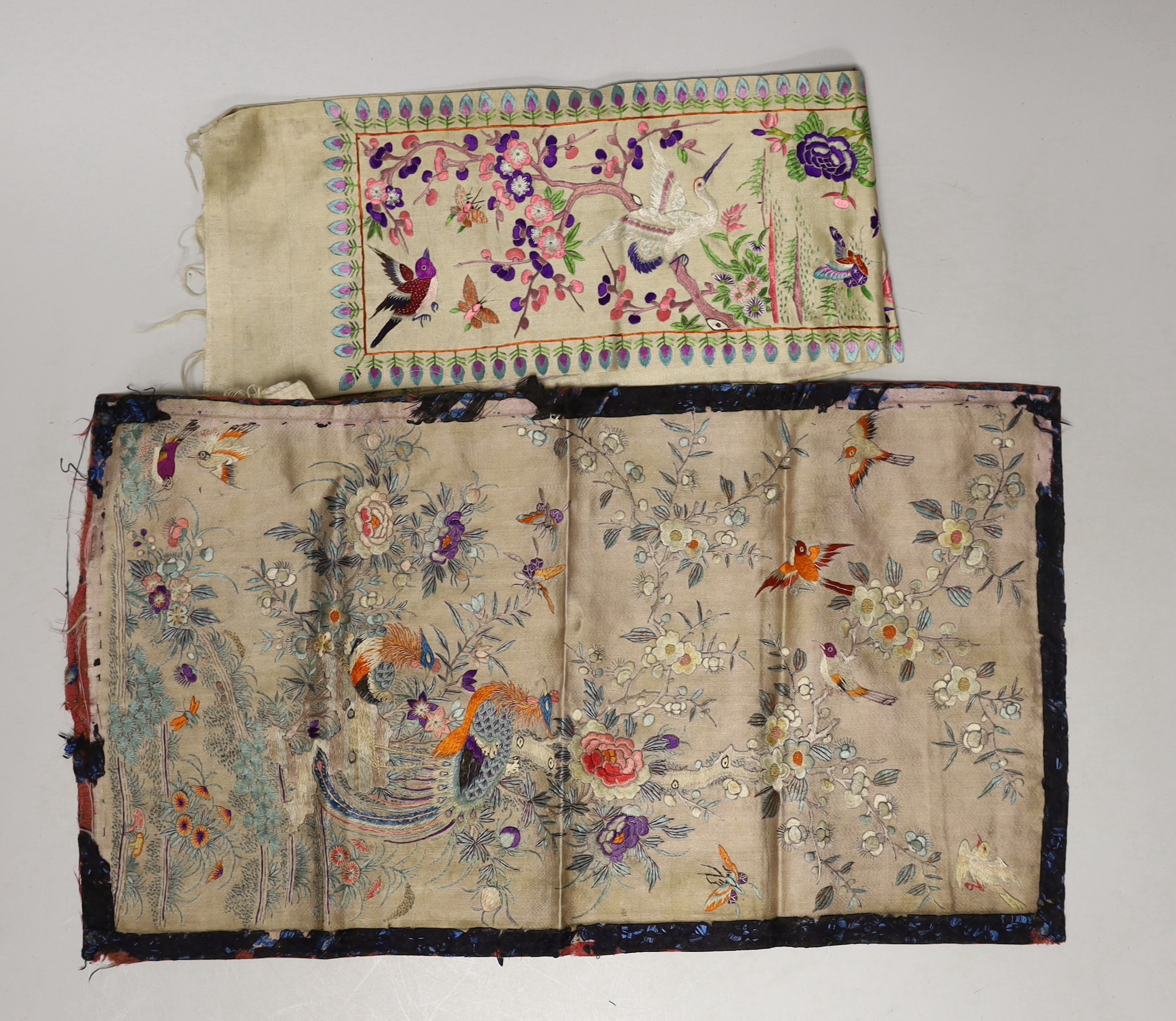 Three late 19th century Chinese silk embroidered panels, possibly made from sleeve bands, together with another pair of later embroidered sleeve bands and three other embroideries